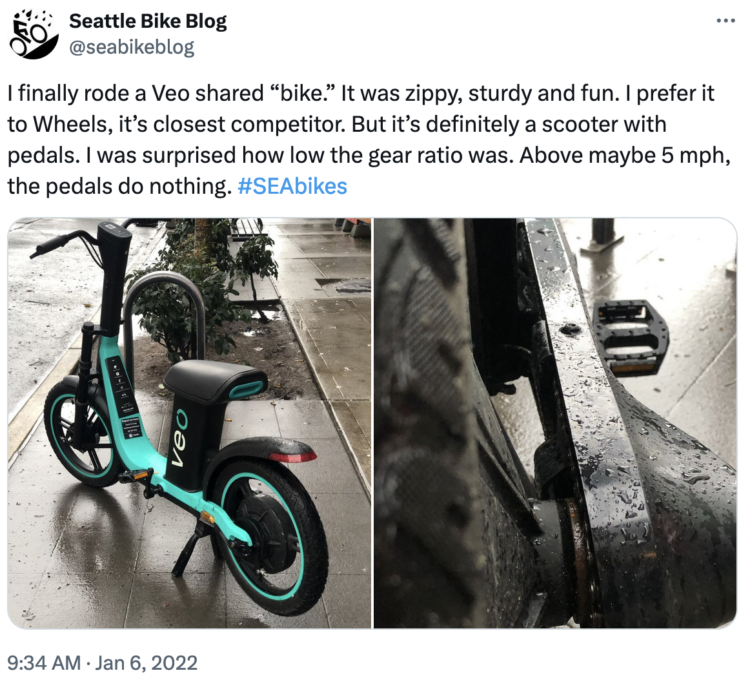 Screenshot of a 2022 Seattle Bike Blog tweet with photos of a Veo Cosmo e-bike and text: I finally rode a Veo shared “bike.” It was zippy, sturdy and fun. I prefer it to Wheels, it’s closest competitor. But it’s definitely a scooter with pedals. I was surprised how low the gear ratio was. Above maybe 5 mph, the pedals do nothing.